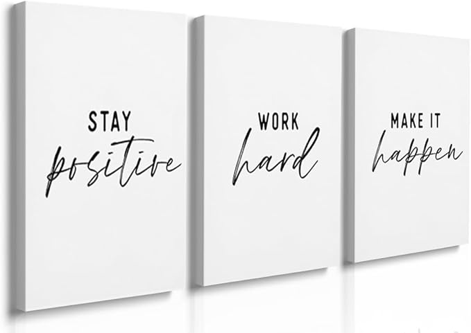 GUBIYU Black and White Inspirational Wall Art Stay Positive Work Hard Make it Happen Wall Art Set of 3,Inspirational Prints,Work Hard Sign for Office Decor, Dorm Decor Positive Gifts for Mens 16"x24"