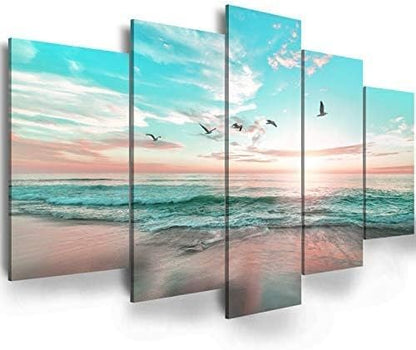 EPHANY Abstract Ocean Beach Wall Art - Blue Sea Landscape, Office Wall Decor, 5pcs (40"x20")