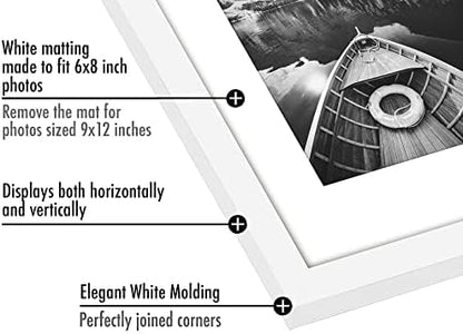 Americanflat 9x12 Picture Frame with Polished Plexiglass - Set of 5 - Use as 6x8 Frame with Mat or Display 9x12 Photo Without Mat - Galleria Collection - Picture Frames for Wall Display - White