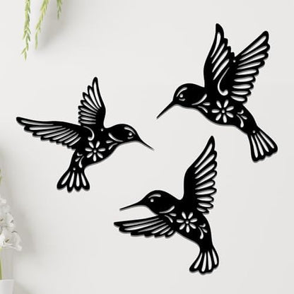 Metal Hummingbird Wall Art Decor - 3-Piece Black Iron Wall Sculpture with Engraved Leaf Patterns, Handmade Home Decor for Living Room, Bedroom, Kitchen, Bathroom, Patio
