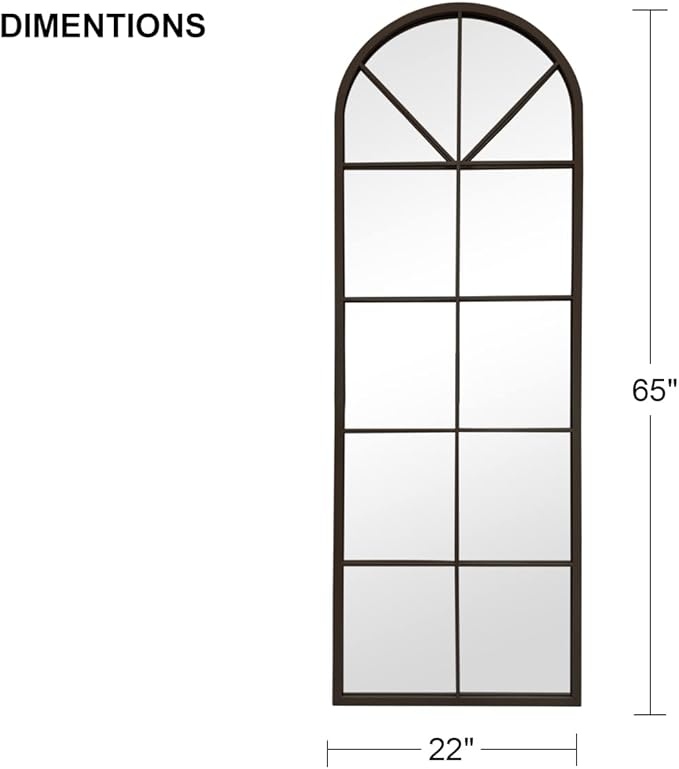 65×22" Arched Window Finished Full Length Mirror, Wall Mirror with Metal Frame, Home Decor Windowpane Mirror, Wall Mounted or Leaning, No Stand - Black