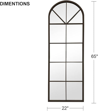 65×22" Arched Window Finished Full Length Mirror, Wall Mirror with Metal Frame, Home Decor Windowpane Mirror, Wall Mounted or Leaning, No Stand - Black