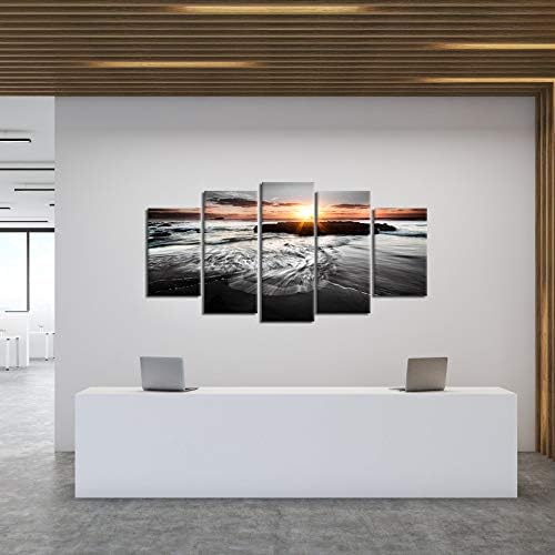 SkenoArt 5 Panels Large Ocean Beach Pictures Canvas Wall Art Modern Black and White Gold Sunset Seascape Artwork for Living Room Home Office Wall Decor Ready to Hang