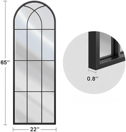 Rowjut Black Arched Wall Mirror 56“ x 22”,Wall Decorative & Window Mirror with Iron Framed Window Pane Inspiration, Ideal for Foyer, Living Room, Bedroom & Fireplace to Create a Cozy Home!
