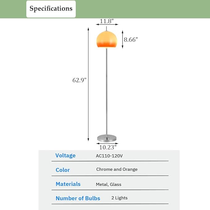 Glass Floor Lamp, Industrial Standing Lamp with Orange Dome Shade, Mid Century Tall Pole Standing Accent Lighting for Office Living Room Bedroom
