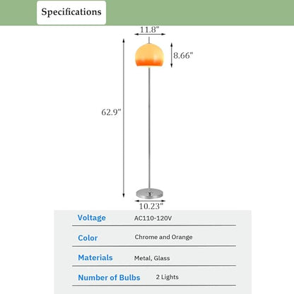 Glass Floor Lamp, Industrial Standing Lamp with Orange Dome Shade, Mid Century Tall Pole Standing Accent Lighting for Office Living Room Bedroom