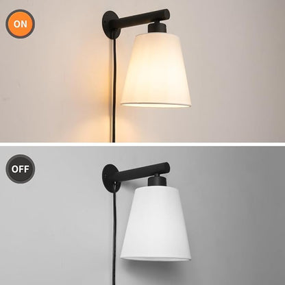 Plug in Wall Sconces Set of Two, Wall Lamp with Plug in Cord, Black Wall Sconce Light Plug in, Bedside Wall Mounted Light with Fabric Linen Shade, Plug in Wall Decor for Bedroom Living Room