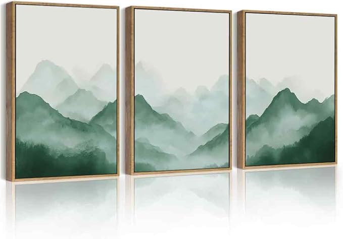 PHOPAGO Green Watercolor Fog Mountains Framed Wall Art Vintage Nature Landscape Artwork Paints Boho Rustic Scenic Room Decor for Dining Room Hallway - 12x16in Natural Framed