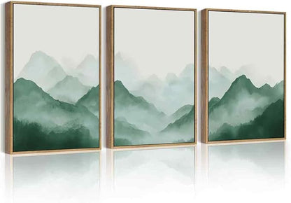 PHOPAGO Green Watercolor Fog Mountains Framed Wall Art Vintage Nature Landscape Artwork Paints Boho Rustic Scenic Room Decor for Dining Room Hallway - 12x16in Natural Framed