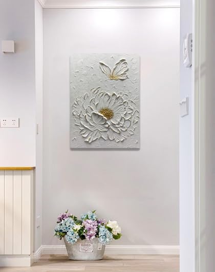 Boiee Art,24x36Inch Hand Painted Creamy Textured Wall Art Elegant Floral Wall Decor Art Minimalist Butterfly Artwork White and Gold Flower Oil Painting for Home Office