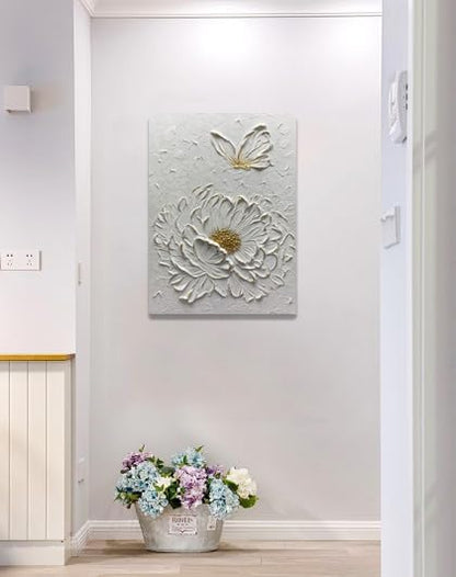 Boiee Art,24x36Inch Hand Painted Creamy Textured Wall Art Elegant Floral Wall Decor Art Minimalist Butterfly Artwork White and Gold Flower Oil Painting for Home Office