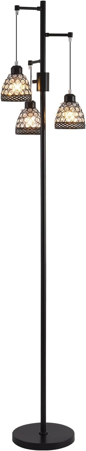 -Modern 3-Head Floor Lamp with Crystal Beads, Industrial Metal Standing Lamp Adjustable Hanging Light for Living Room-Black