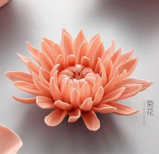 AMERRY 3.35" Ceramic 3D Flower Wall Art, Porcelain Chrysanthemum Wall Decor for Home Office Decor (Orange Pink)
