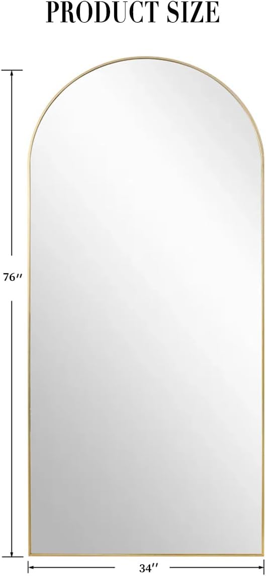 76''x34'' Arched Floor Mirror, Full Length Body Mirror with Stand, Modern & Contemporary Design, Aluminum Alloy Frame (Gold)