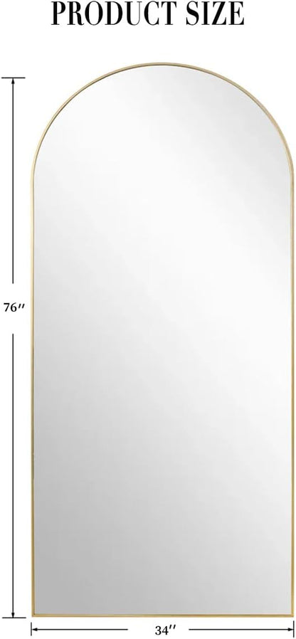 76''x34'' Arched Floor Mirror, Full Length Body Mirror with Stand, Modern & Contemporary Design, Aluminum Alloy Frame (Gold)