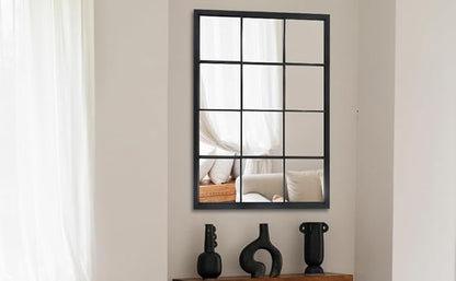 OUSHUAI Balck Rectangle Mirror,Window Pane Grid Mirror,Minimalism Wall Mounted Mirror for Entryway,Hallway,Living Room,Fireplace 24"X36"