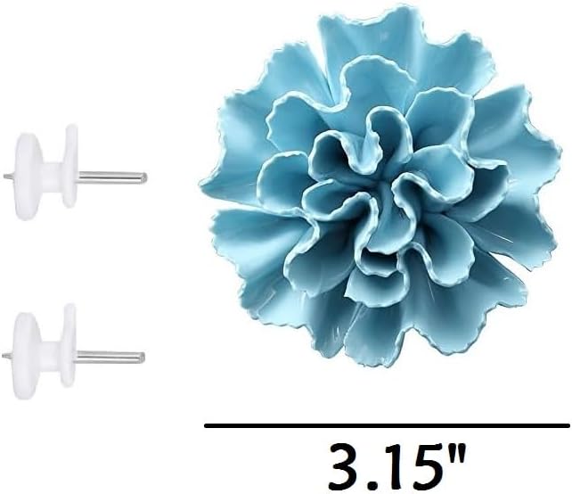 AMERRY 3D Flower Wall Art, Handmade Porcelain Decor for Home & Office (Blue, Carnation, 3.15")