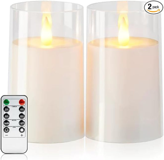 Amagic 3"×5" White Flameless Candles with Remote and Timer, Realistic Flickering Battery Operated Acrylic Led Fake Candles for Home Wedding Party Fall Christmas Decor, Set of 2