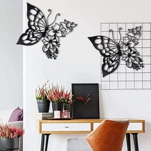 EZ4ENCE 2pcs Butterfly Decoration Boho Wall Art Hanging Appearance Metal Hanging Butterfly Decor Flower Wall Art for Bedroom Living Room Home, Black (Medium)