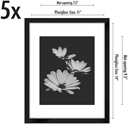 Americanflat 11x14 Picture Frame with Polished Plexiglass - Set of 5 - Use as 8x10 Frame with Mat or Display 11x14 Photo Without Mat - Galleria Collection - Picture Frames for Wall Display - Black