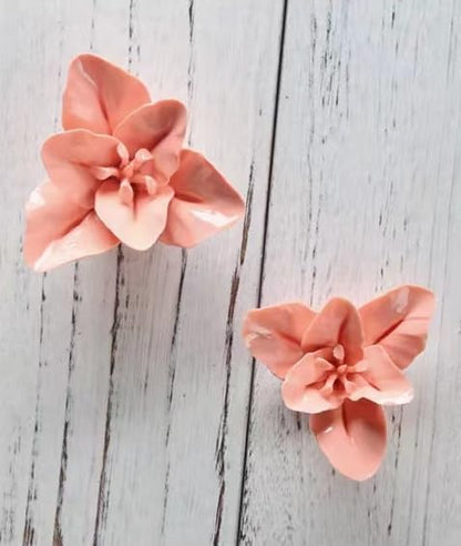 AMERRY 3D Wall Art Hanging Sculpture, Artificial Porcelain Flower Decor for Home Office (Orange Pink, Lily, 2.36")