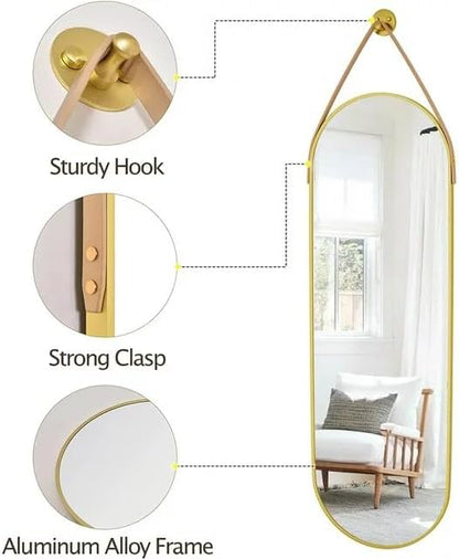 OGCAU 48'' x 16'' Full Length Mirror Wall-Mounted, Full Body Hanging Mirror for Wall and Door in Bedroom, Living Room, Oval with Straps, Hanging with Aluminum Alloy Frame (Oval Gold)