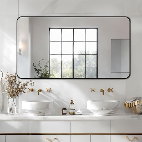 Antok 55x30 Black Metal Framed Bathroom Mirror,Wall Mirror with Round Corners, Vanity Mirror for Over Sink, Anti-Rust Tempered Glass, Horizontal/Vertical Hanging for Bathroom, Living Room, Entryway
