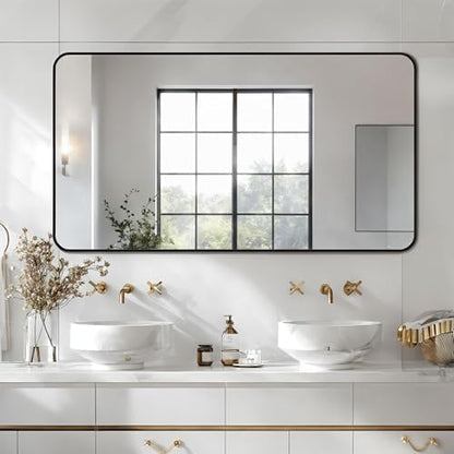 Antok 55x30 Black Metal Framed Bathroom Mirror,Wall Mirror with Round Corners, Vanity Mirror for Over Sink, Anti-Rust Tempered Glass, Horizontal/Vertical Hanging for Bathroom, Living Room, Entryway