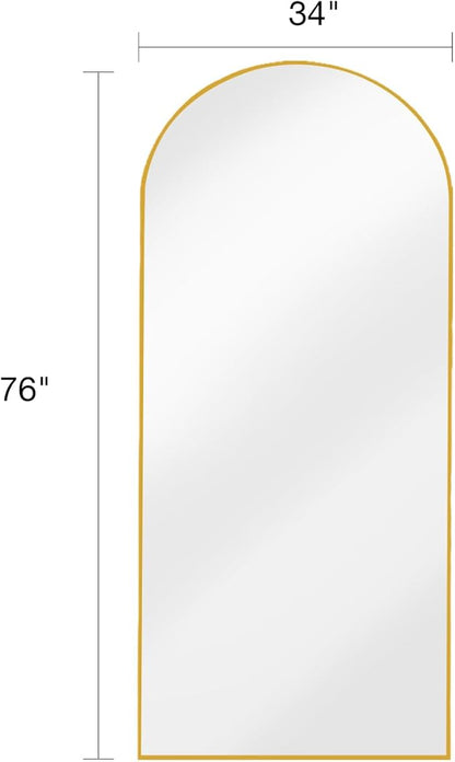 KOMCOTE Arched Floor Mirror - Full Length 76"x34", Oversized Wall Mirror for Bedroom & Living Room, Large Gold Standing Mirror, Durable Framed Floor-Length Mirror