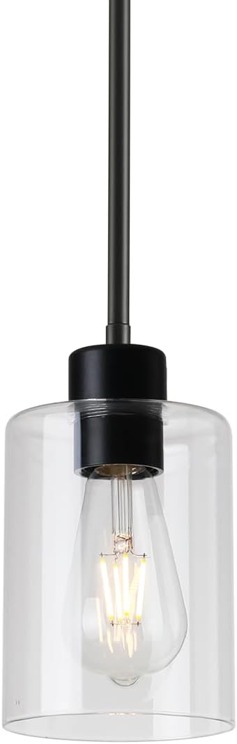 Black Pendant Lights Kitchen Island,Modern Farmhouse Glass Pendant Light,Light Fixture Kitchen Pendant Mini Hanging Light Fixture for Sink (1 Pack Black stem Rod)