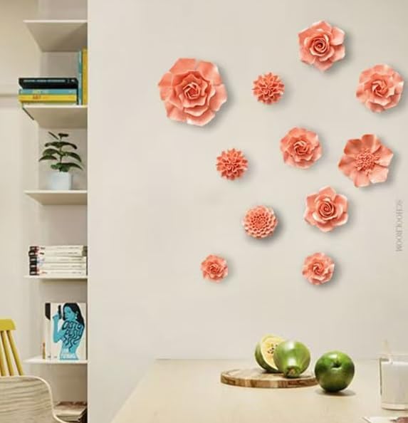 Carnation 3.15" Ceramic 3D Wall Art, Handmade Porcelain Flower Decoration for Home Office Decor (Orange Pink)