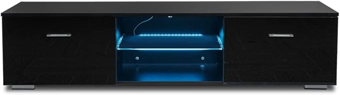 LED TV Tables for Living Room 57 Inch TV Cabinet Stands Modern Furniture TV Unit Bracket with 2 Drawers and Glass Shelves (Color : Black) (Black)