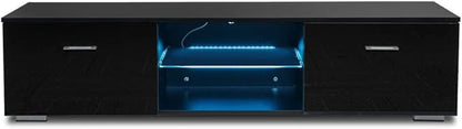LED TV Tables for Living Room 57 Inch TV Cabinet Stands Modern Furniture TV Unit Bracket with 2 Drawers and Glass Shelves (Color : Black) (Black)
