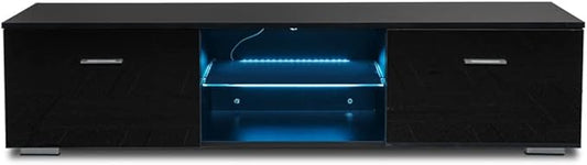 LED TV Tables for Living Room 57 Inch TV Cabinet Stands Modern Furniture TV Unit Bracket with 2 Drawers and Glass Shelves (Color : Black) (Black)