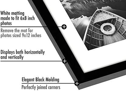 Americanflat 9x12 Picture Frame with Polished Plexiglass - Set of 5 - Use as 6x8 Frame with Mat or Display 9x12 Photo Without Mat - Galleria Collection - Picture Frames for Wall Display - Black