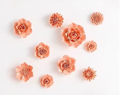 Carnation 3.15" Ceramic 3D Wall Art, Handmade Porcelain Flower Decoration for Home Office Decor (Orange Pink)