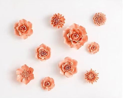 Carnation 3.15" Ceramic 3D Wall Art, Handmade Porcelain Flower Decoration for Home Office Decor (Orange Pink)