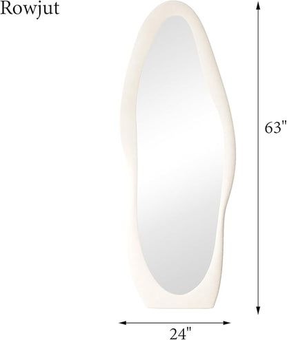 Rowjut Full Length Mirorr, 63"x24" Mirror Full Length, Irregular Wall Mounted Mirror, Standing Floor Mirror with Flannel, Wavy Body Mirorr Hanging or Leaning Against Wall for Bedroom (White)