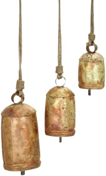 Large Vintage Gold Cow Bells for Rustic Christmas Decor Hanging Bells on Rope Set of 3 Harmony Cow Bells Vintage Handmade Rustic Lucky (Brass & Copper Rustic Bell 4,6, 8 inches)