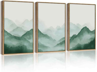 PHOPAGO Green Watercolor Fog Mountains Framed Wall Art Large 16x24in Vintage Nature Landscape Artwork Paints Boho Rustic Scenic Room Decor for Bedroom Hallway - Natural Framed