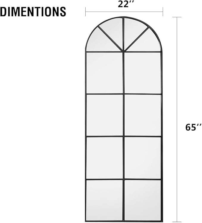 OGCAU Full Length Arched Floor Mirror, 65"x22" Window Pane Design, Decorative Hanging or Leaning, Full Body with Iron Frame for Bedroom Living Room (Black)