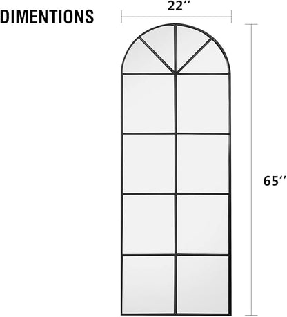 OGCAU Full Length Arched Floor Mirror, 65"x22" Window Pane Design, Decorative Hanging or Leaning, Full Body with Iron Frame for Bedroom Living Room (Black)