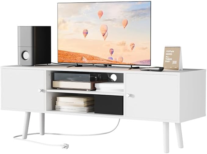 Cozy Castle TV Stand for 48-55 Inch TV, Mid Century Modern Entertainment Center with Storage Cabinet, TV Media Console with Charging Station for Living Room (White, 42.5" W x 15.7" D x 19.7" H)