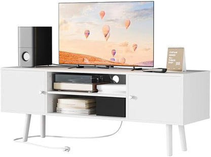 Cozy Castle TV Stand for 48-55 Inch TV, Mid Century Modern Entertainment Center with Storage Cabinet, TV Media Console with Charging Station for Living Room (White, 53.1" W x 15.7" D x 19.7" H)