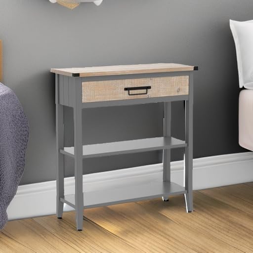 RUSTOWN Farmhouse Console Table with Drawer, 3-Tier Rustic Entryway Table with Open Storage Shelves and Handmade Metal Handle, Narrow Foyer Sofa Table for Living Room, Entryway, Hallway (Grey)