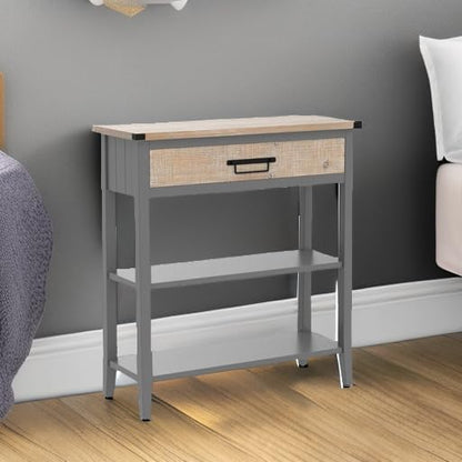 RUSTOWN Farmhouse Console Table with Drawer, 3-Tier Rustic Entryway Table with Open Storage Shelves and Handmade Metal Handle, Narrow Foyer Sofa Table for Living Room, Entryway, Hallway (Grey)