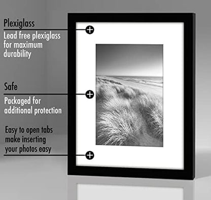 Americanflat 8x10 Picture Frame with Polished Plexiglass - Set of 5 - Use as 5x7 Frame with Mat or Display 8x10 Photo Without Mat - Galleria Collection - Picture Frames for Tabletop and Wall - Black