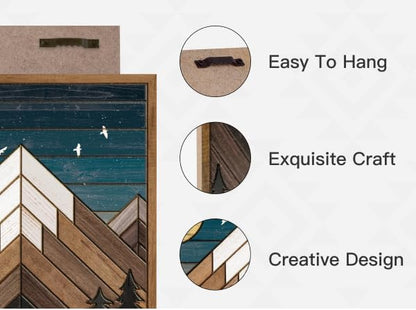 Putuo Decor Wooden Mountain Wall Art, Moon Over Mountain Nature Wilderness Wood Wall Sign Western Decor, Rustic Cabin Adventure Wall Decor for Living Room Bedroom