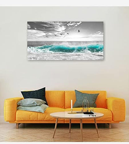 yearainn Large Ocean Canvas Wall Art for Living Room Wall Decor Teal Sea Wave Canvas Prints Artwork Seagull Birds Canvas Pictures for Bedroom Home Office Wall Decorations Ready to Hang 20" X 40"