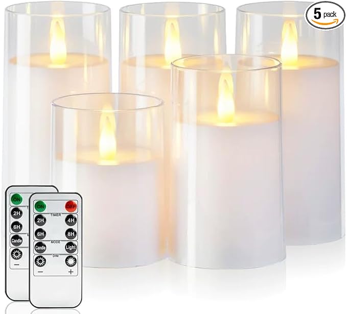 Amagic 3"×4" 5" 6" 6" 6" White Flameless Candles with Remote and Timer, Realistic Flickering Battery Operated Acrylic Led Fake Candles for Home Wedding Party Fall Christmas Decor, Set of 5